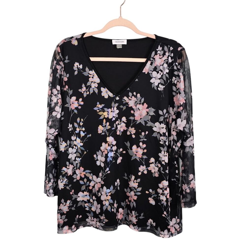 CALVIN KLEIN Women's Black 1X Floral Top Blouse Lined Sheer Sleeves V-Neck Flowy